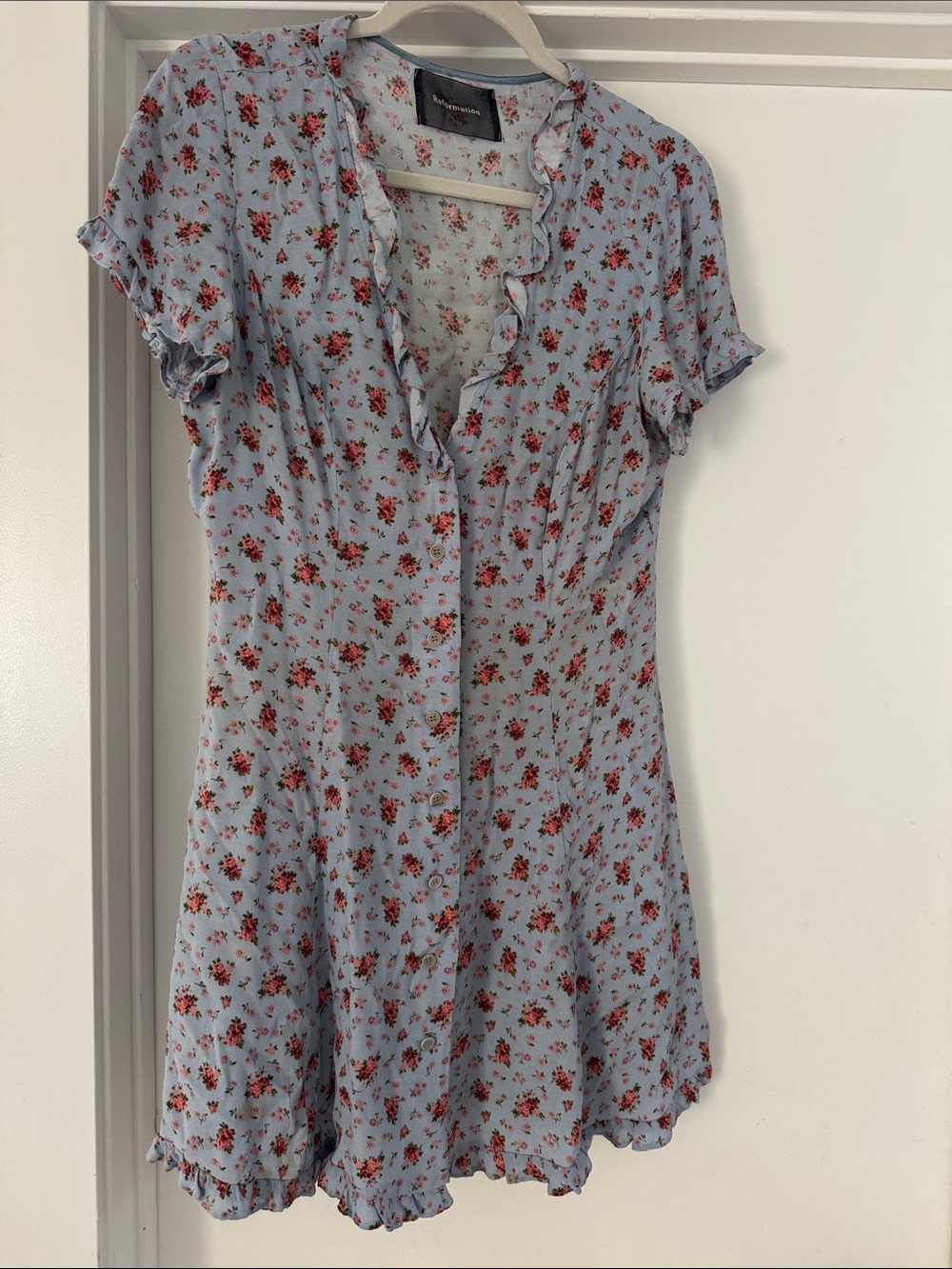 Reformation Light Blue Mini Dress with Red Floral Print